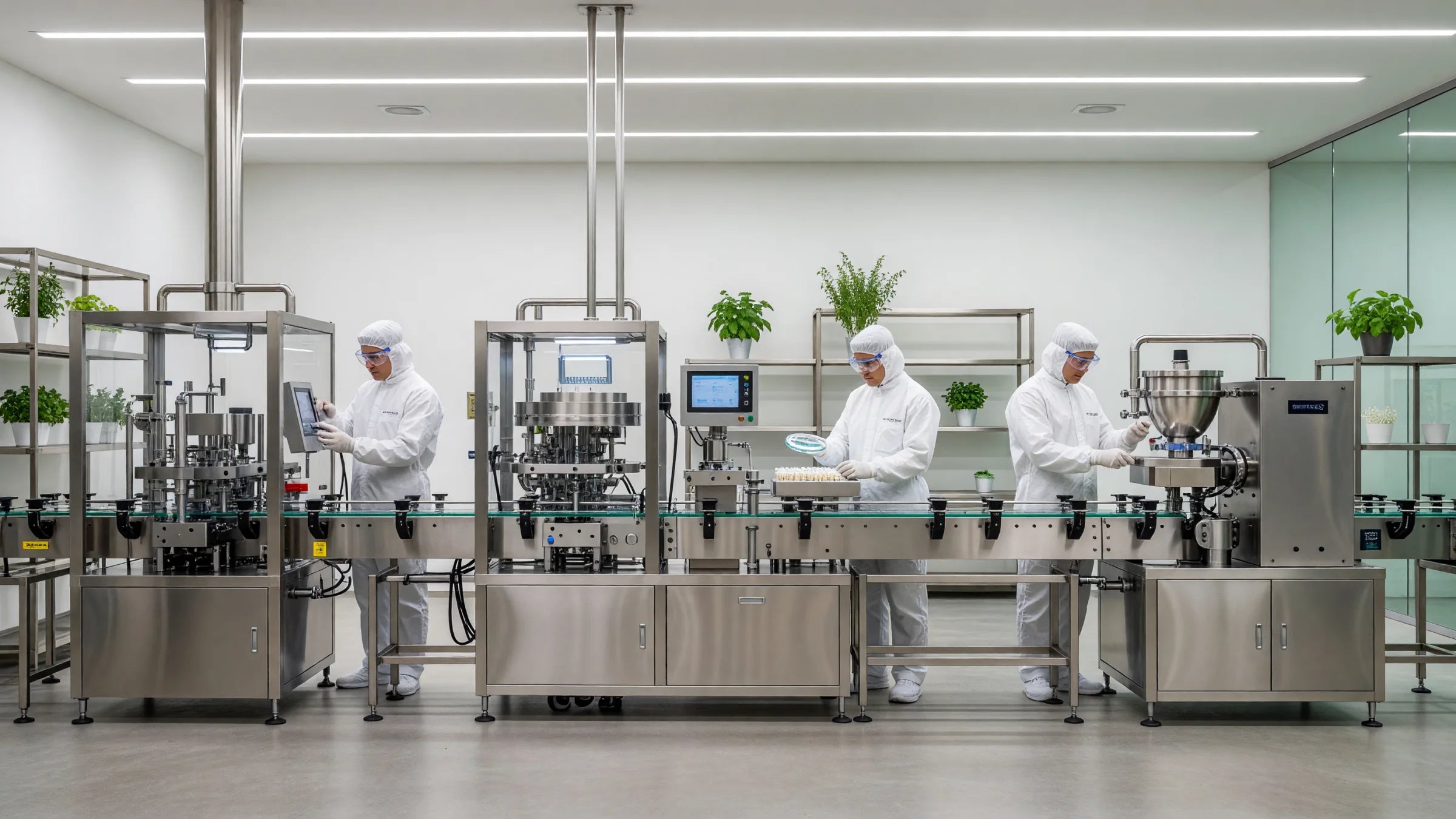 Illustrative scene of dietary supplement production and factory support