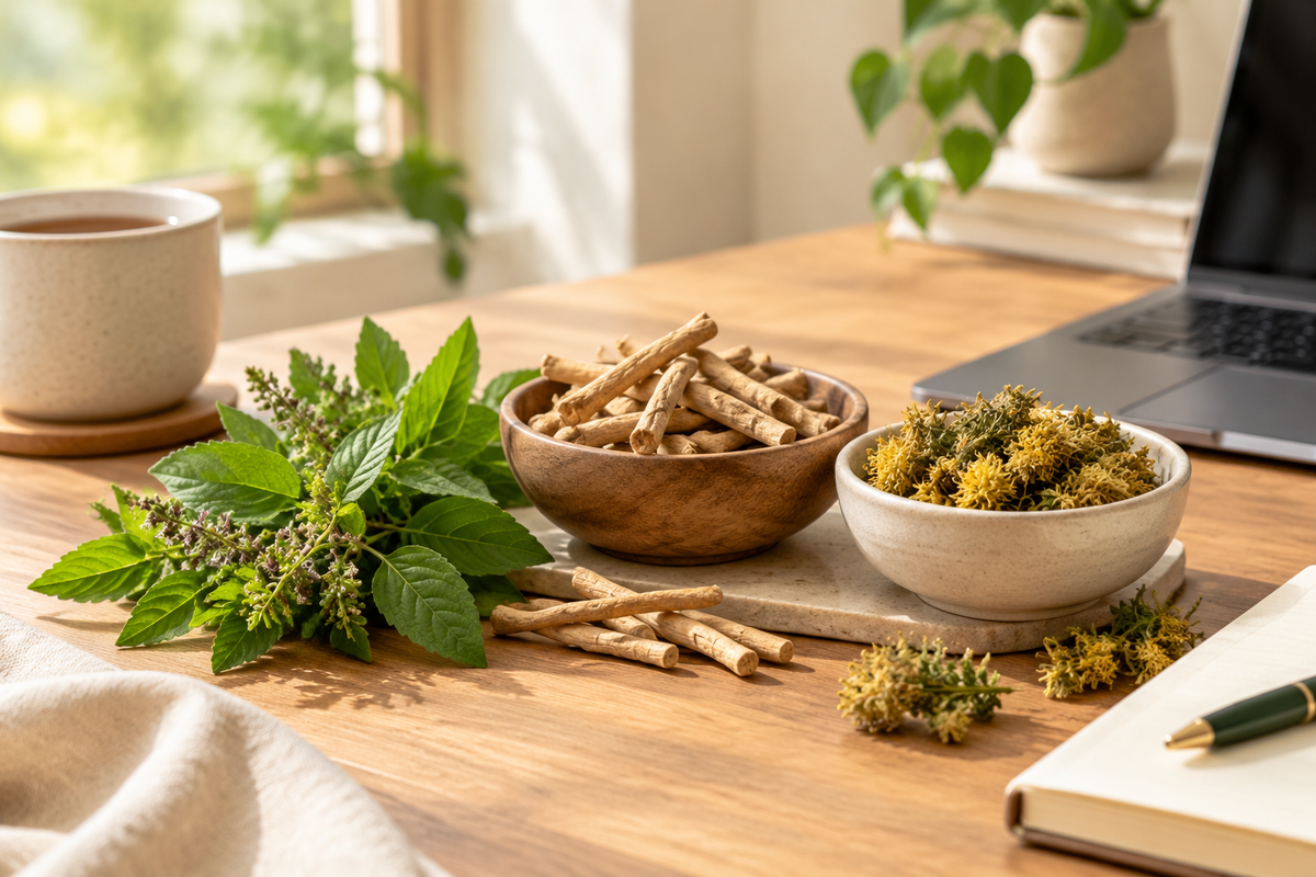 Adaptogenic herbs including holy basil, ashwagandha and rhodiola arranged with a calm workspace