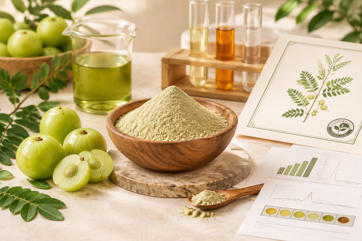 Amla extract powder samples with tannin assay, vitamin C test results and botanical identity certificate