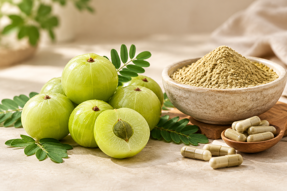 Fresh green amla fruits, one sliced open, beside dried amla powder and capsules