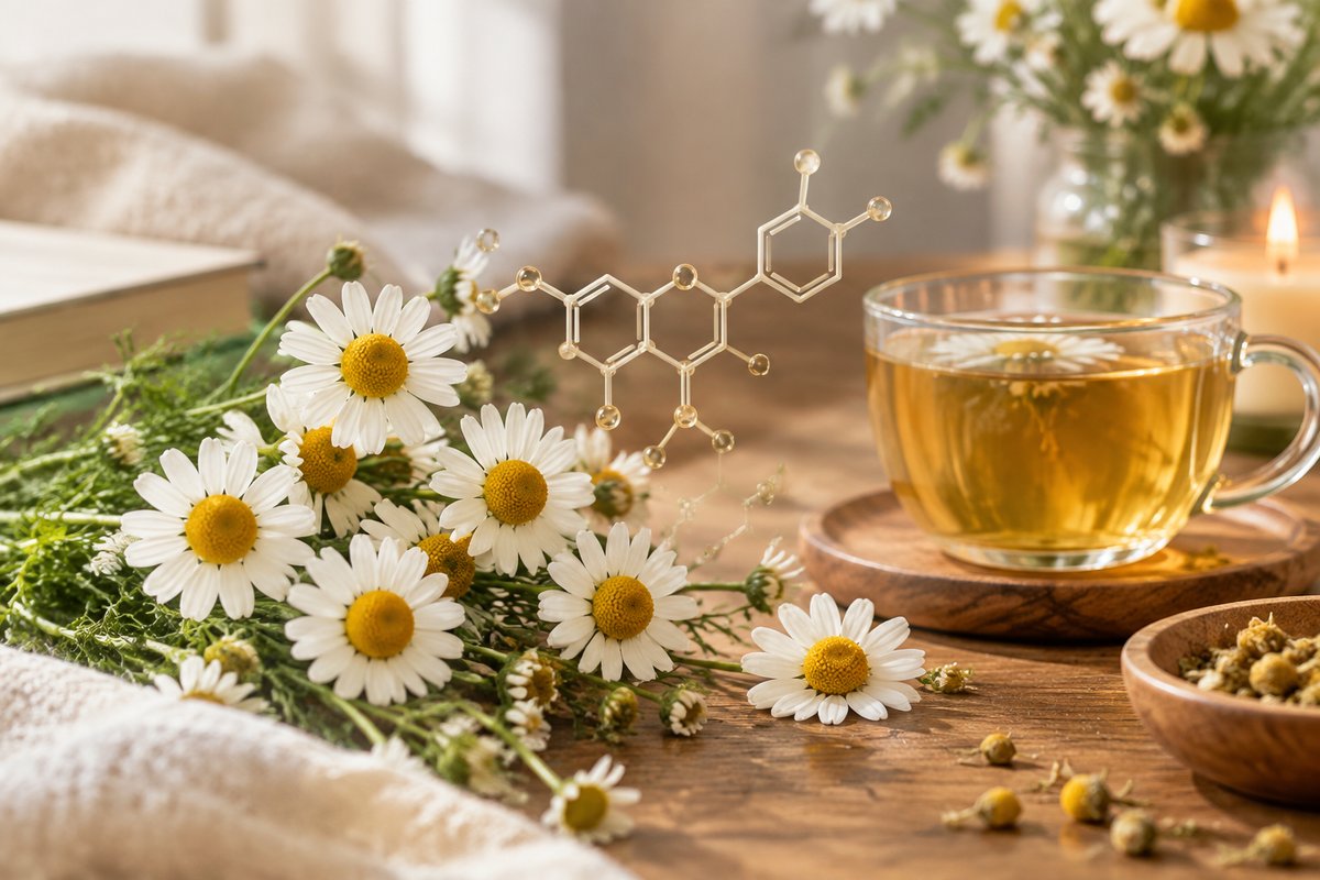 Chamomile flowers close-up with apigenin molecule illustration and an evening tea setting