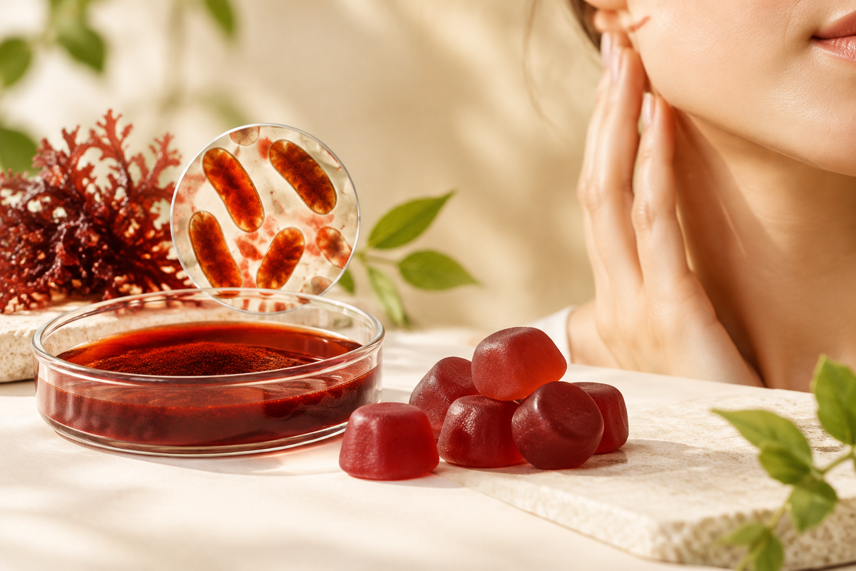 Astaxanthin-rich microalgae illustration beside soft red gummies and a skin health theme