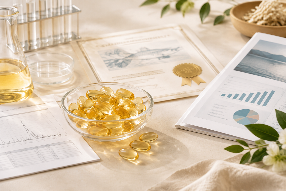 Beauty softgel samples with ingredient assay, collagen source certificate and market trend report