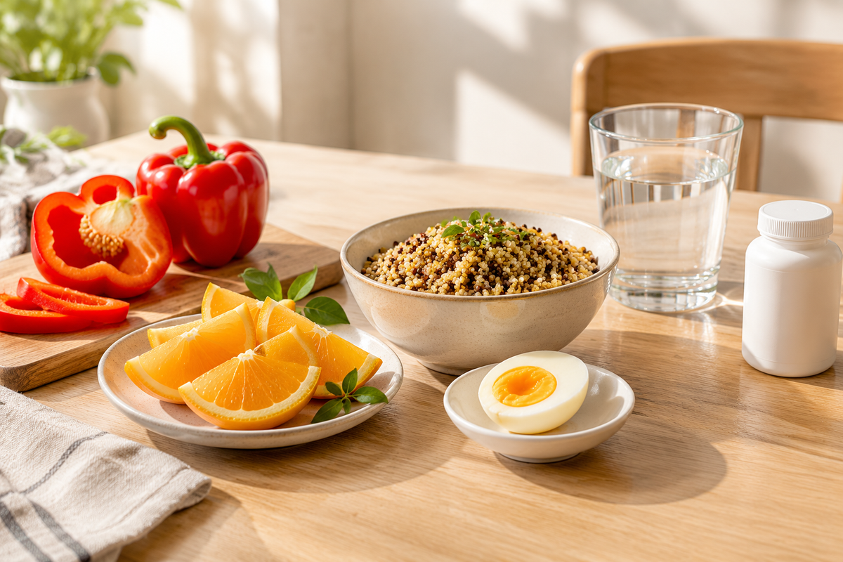 An illustrative selection of everyday foods beside a plain unbranded bottle on a bright kitchen counter