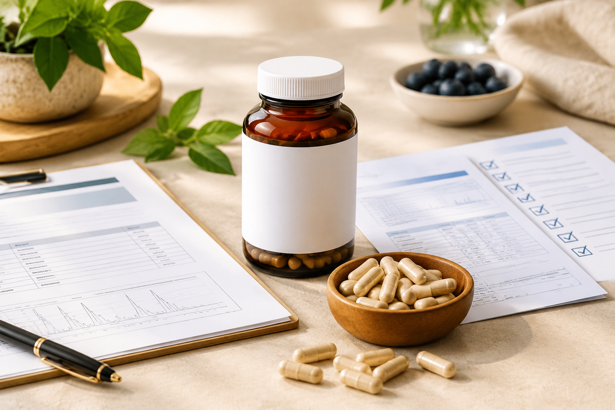 Blood sugar complex capsule samples with specification sheet, COA and label compliance checklist