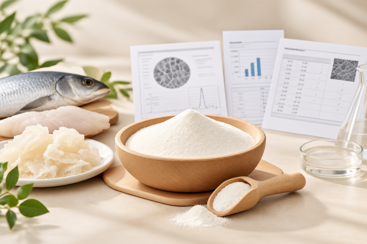 Collagen peptide powder samples with source specification, protein assay and heavy metal test reports