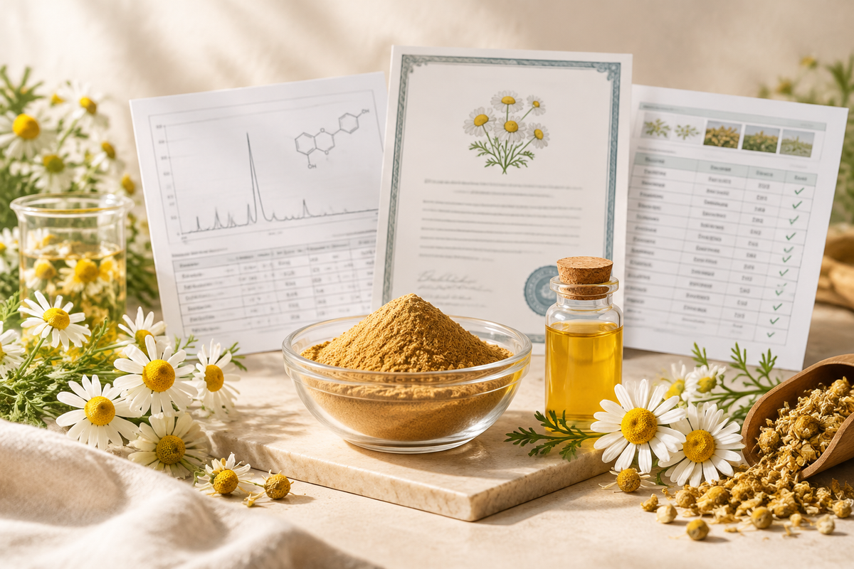 Chamomile extract samples with apigenin assay report, species certificate and pesticide screening results