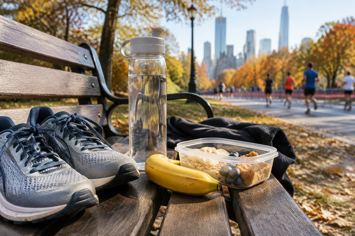 Editorial wellness photograph of running shoes, water bottle, banana and recovery meal on a park bench