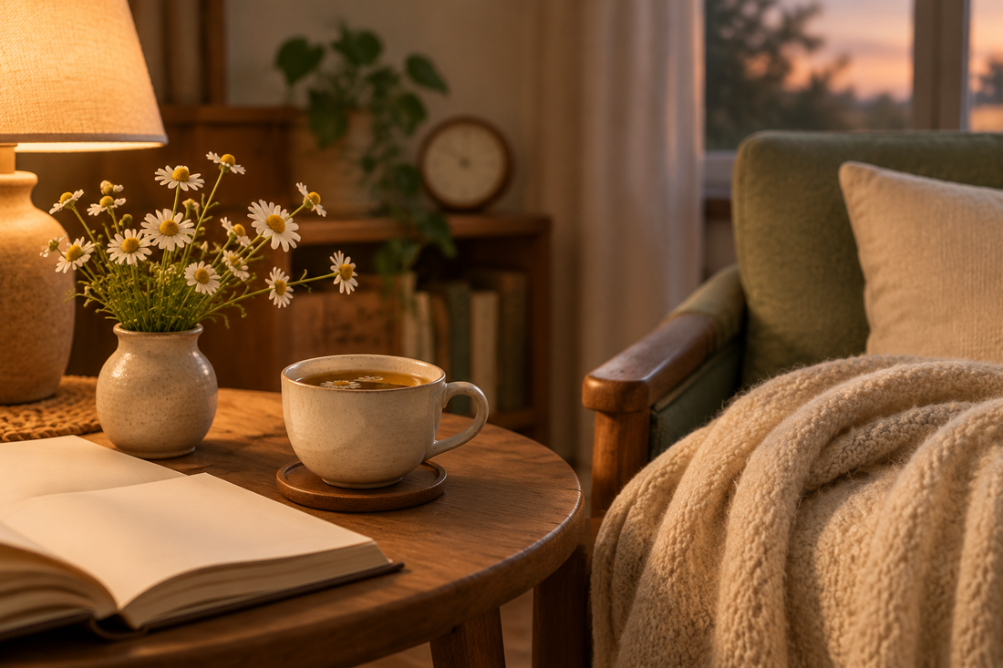 Illustrative quiet autumn evening with chamomile tea, an open book and a softly lit chair