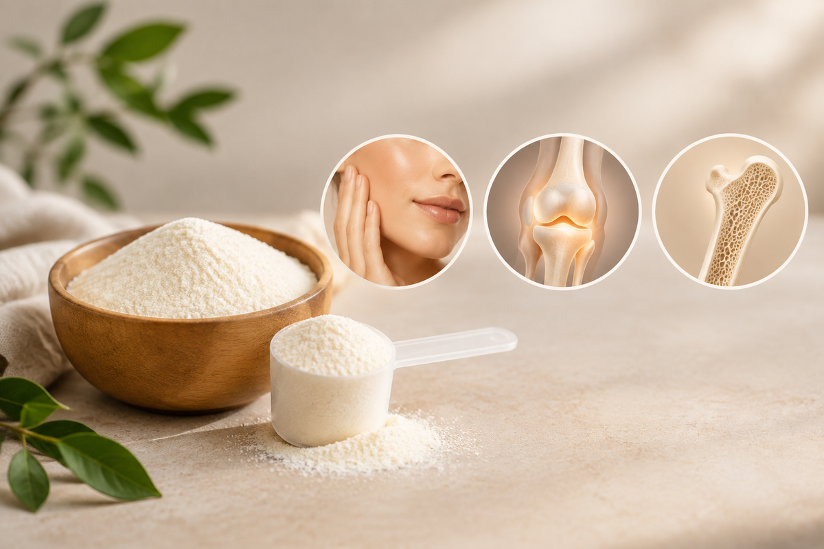 Diagram-style scene of collagen powder scoop beside skin, joint and bone icons with type labels