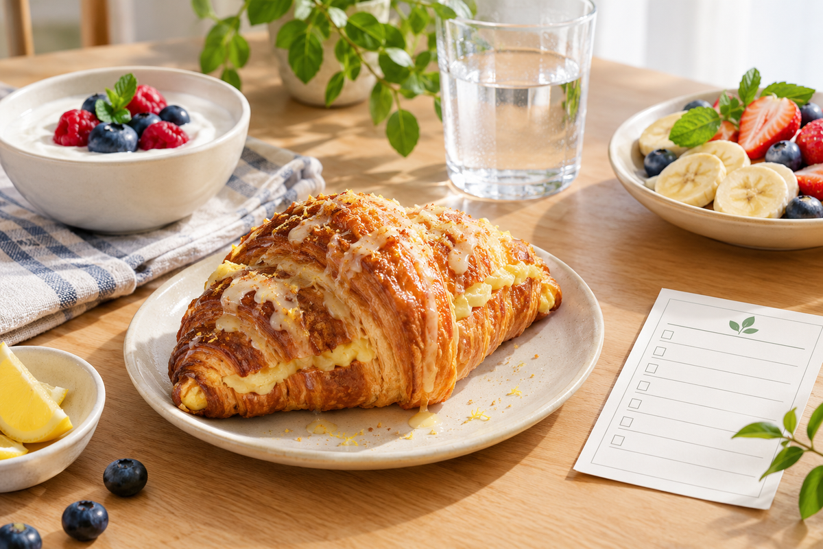Editorial wellness photograph of an unbranded lemon cream croissant with fruit, yogurt and a nutrition label checklist on a breakfast table