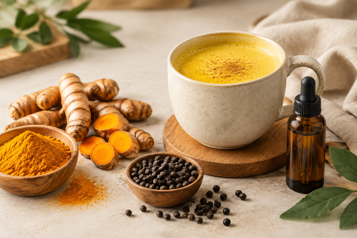 Turmeric root, black peppercorns and a golden latte with a bottle of liquid drops