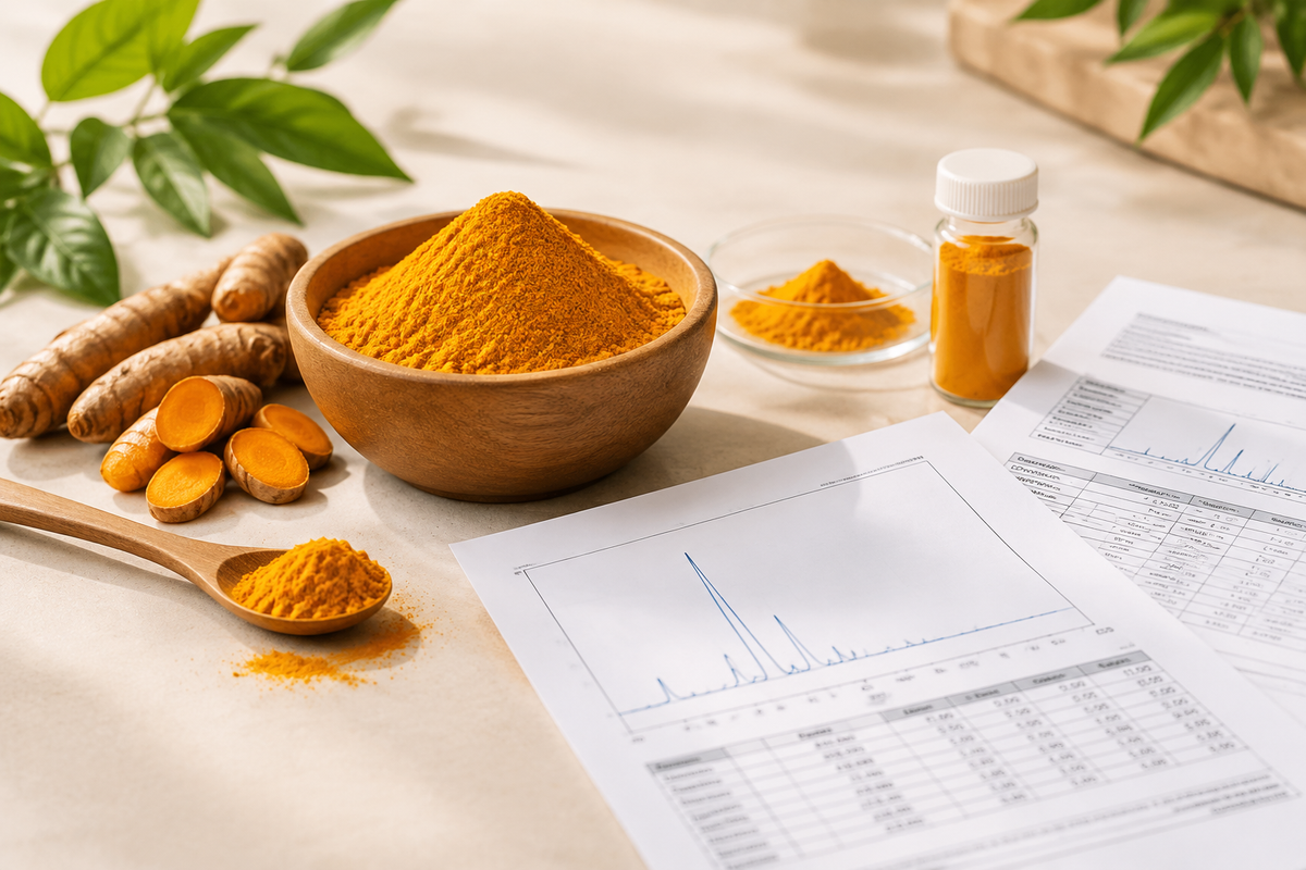 Curcumin extract powder samples with HPLC curcuminoid assay report and specification sheet
