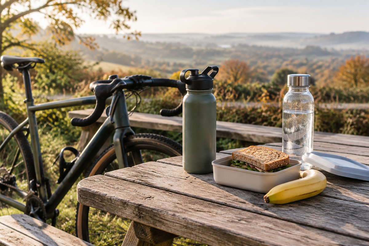 Illustrative autumn cycling stop with unbranded water bottles, a bicycle, a sandwich and a banana