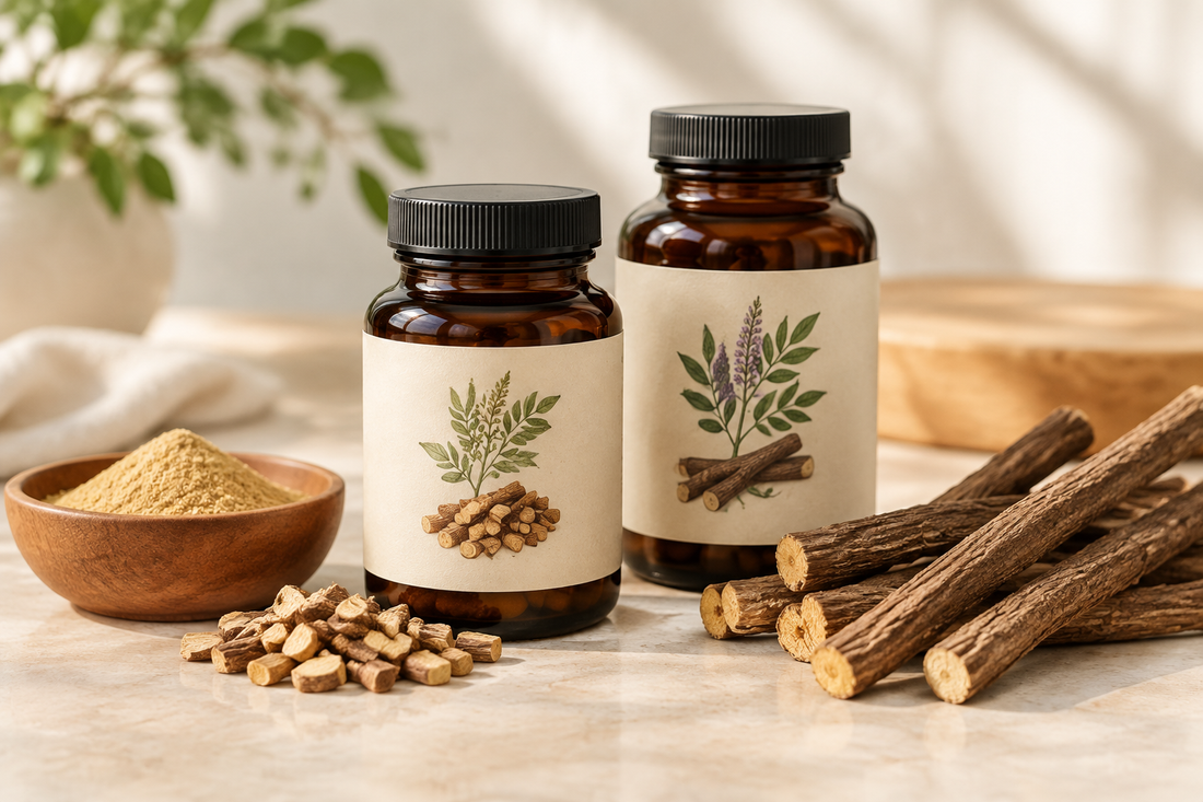 Two bottles labeled DGL and whole licorice root beside raw licorice sticks