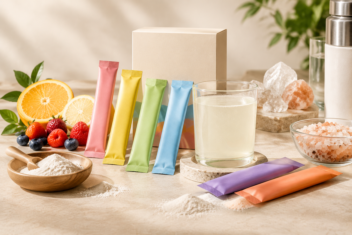 Electrolyte powder stick samples with mineral specification, flavor options and packaging formats