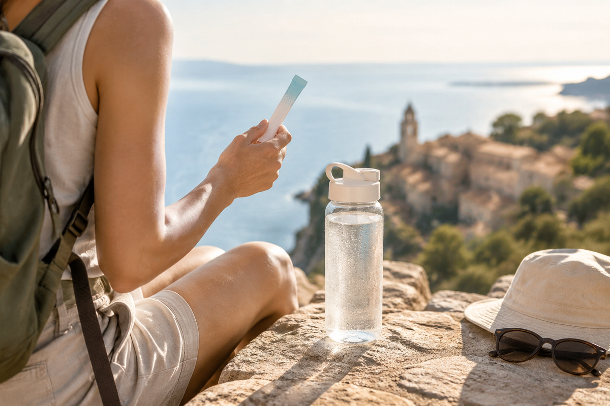 Traveler with a water bottle and electrolyte stick under hot sun at a sightseeing spot