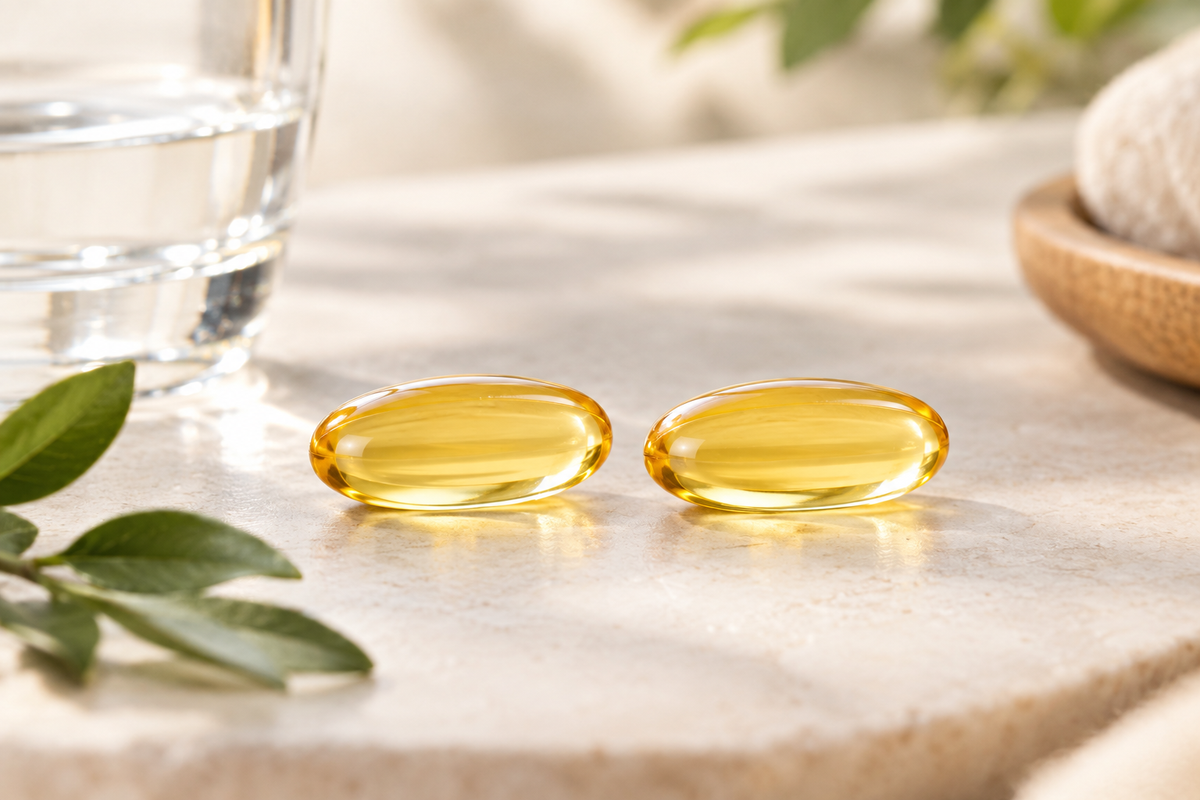 Two fish oil softgels side by side with a label showing EPA and DHA amounts