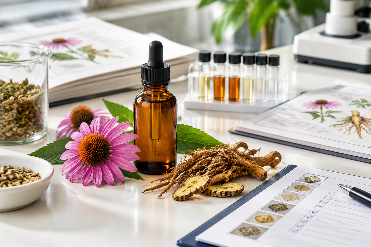 Echinacea liquid supplement sample beside a botanical identity and COA checklist