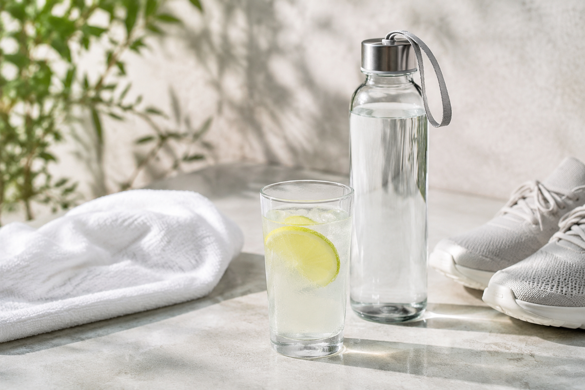 A glass of electrolyte drink beside a water bottle after a walk