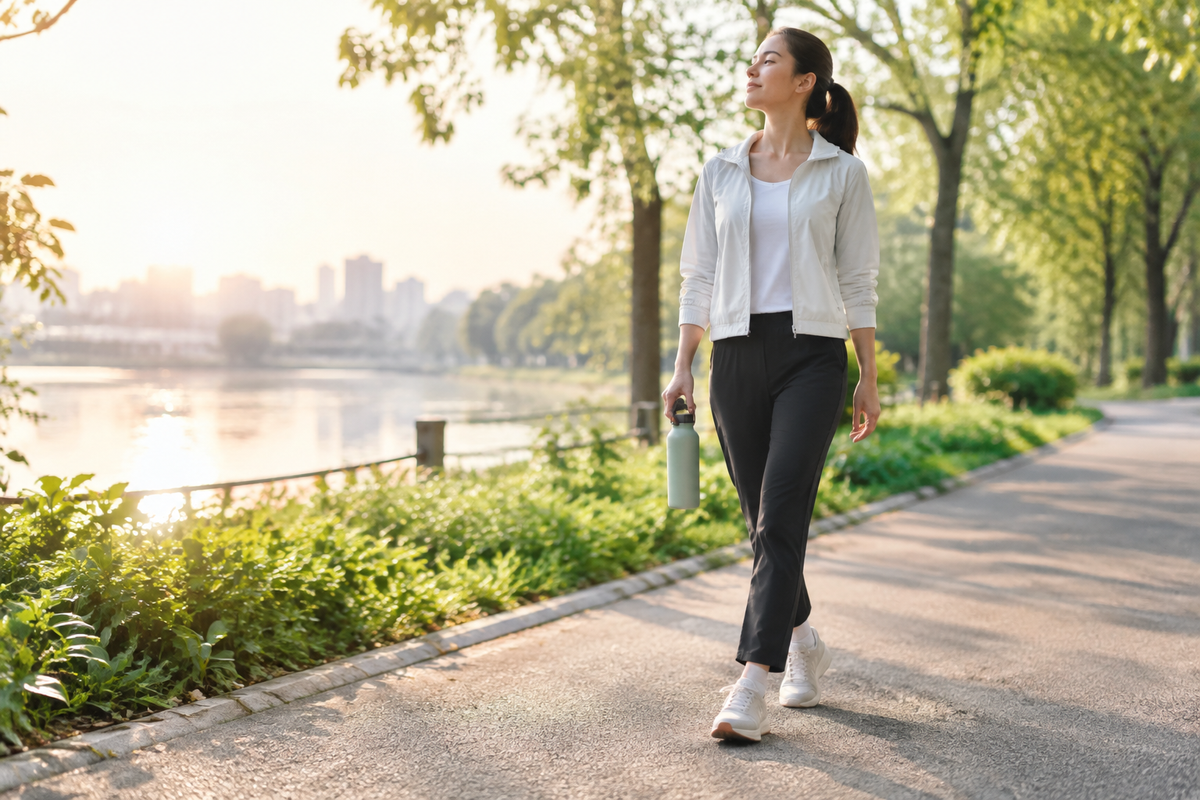 Morning walk scene with deep breathing, water bottle and comfortable shoes on a park path