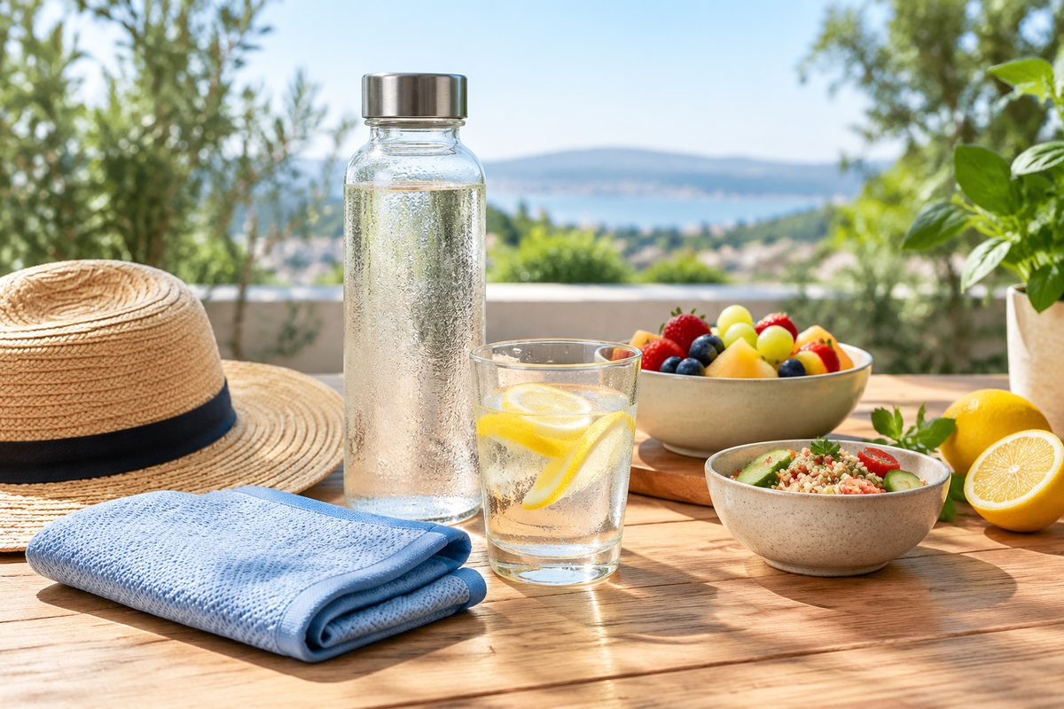 Editorial wellness photograph of water, citrus, a hat and a cooling towel on a bright summer table