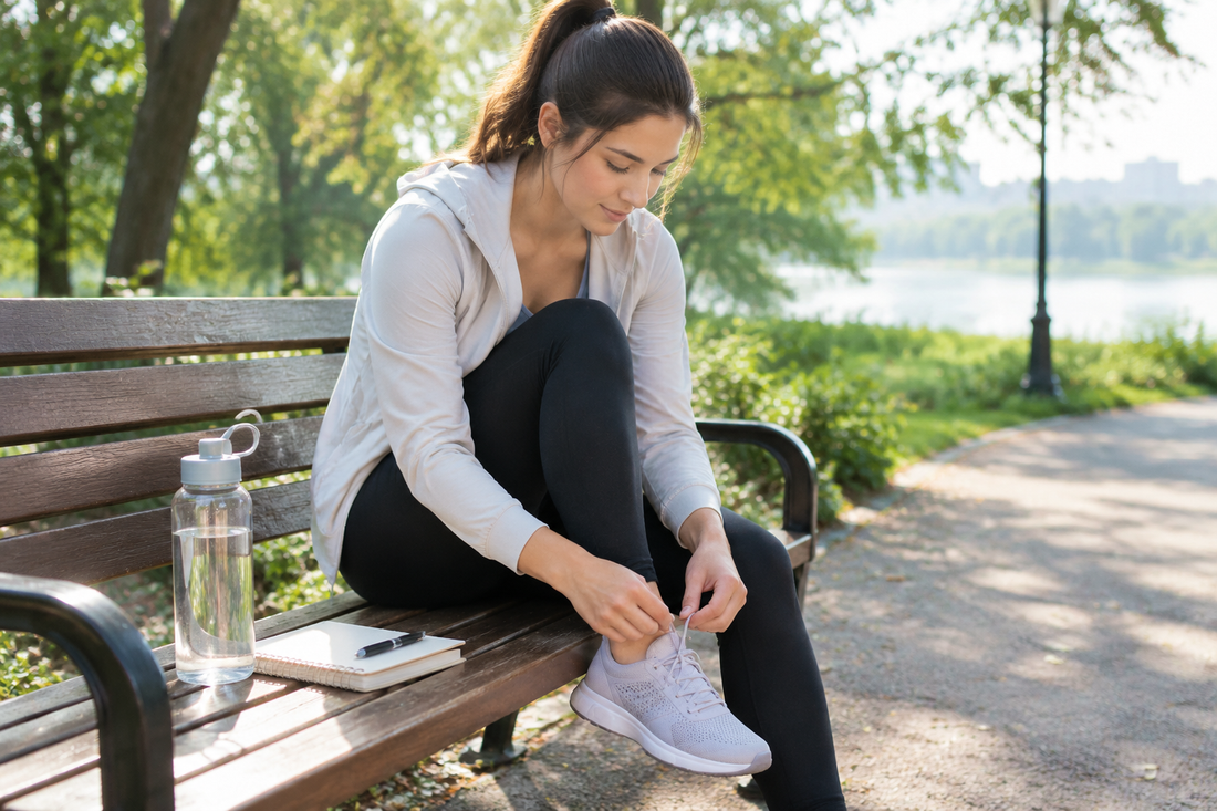 Editorial wellness photograph of a person preparing for a morning walk with comfortable shoes, water and a notebook