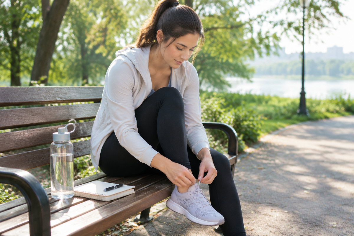 Editorial wellness photograph of a person preparing for a morning walk with comfortable shoes, water and a notebook