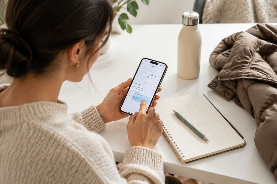 Editorial wellness photograph of a person checking a clinic appointment on a phone beside a notebook, water and a warm jacket