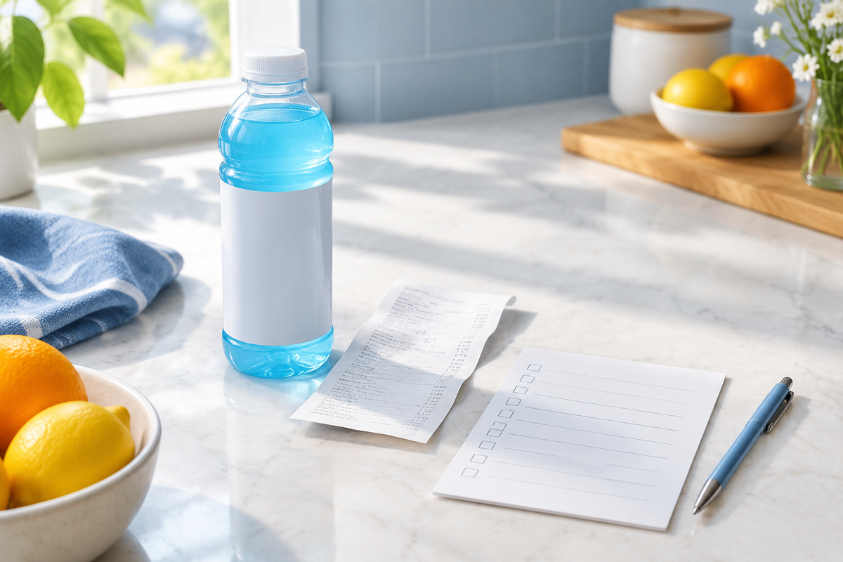 Editorial wellness photograph of an unbranded sports drink bottle, receipt and label checklist on a kitchen counter