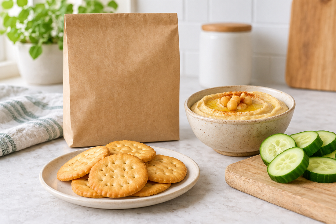 Unbranded round crackers beside cucumber slices and hummus on a clean kitchen table, with a plain package turned away