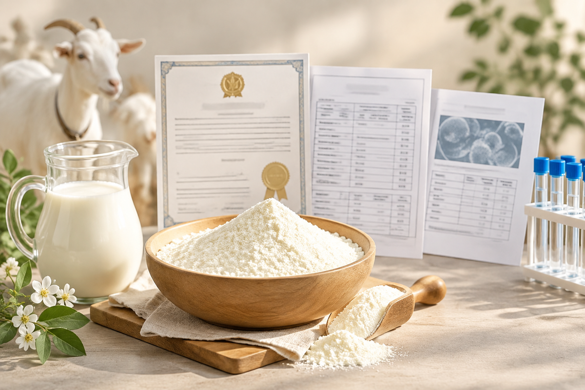 Goat milk powder bulk samples with origin certificate, specification sheet and microbiological test results
