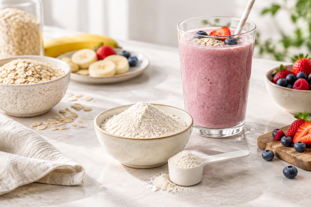 Goat milk protein powder with a breakfast smoothie, oats and a measuring scoop