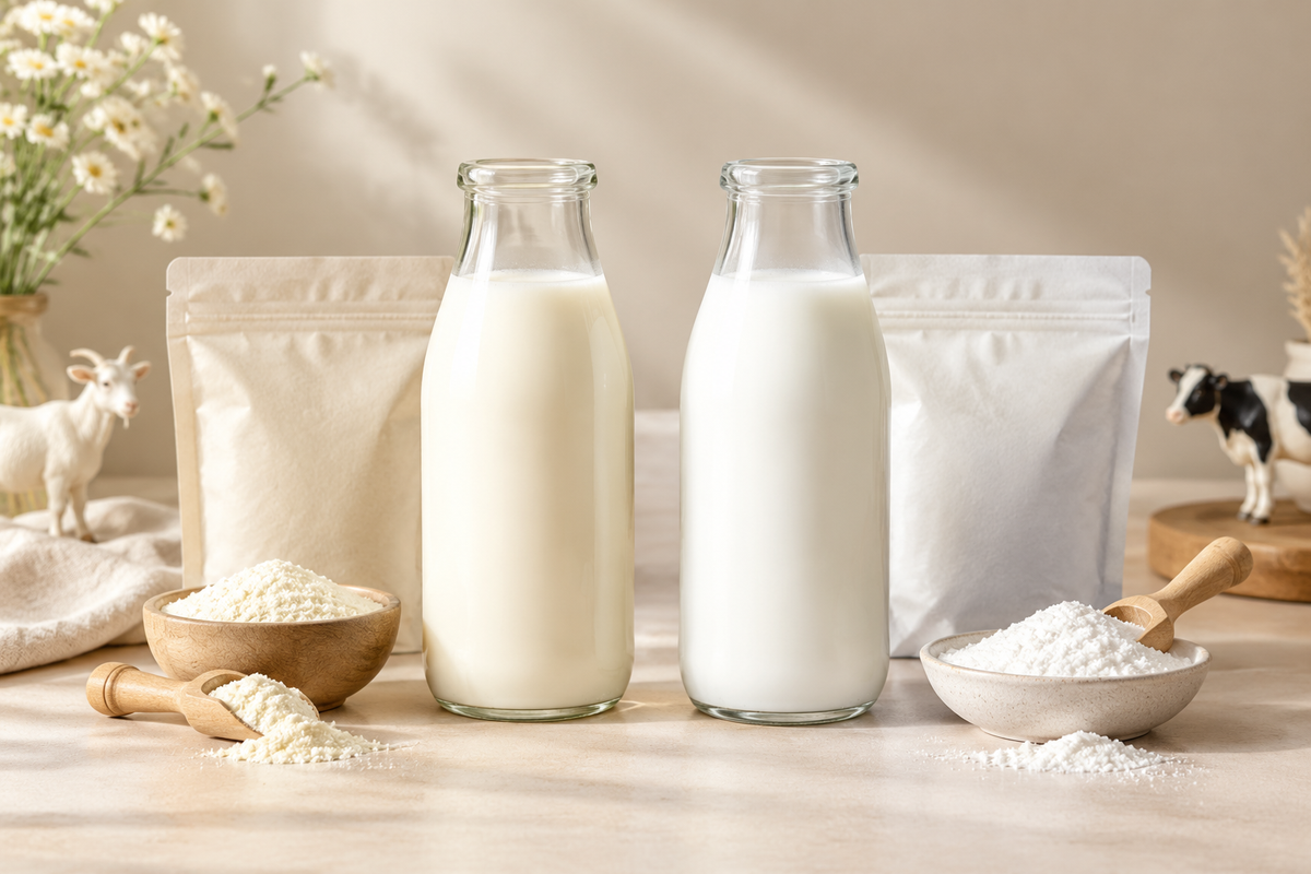Two glass bottles of goat milk and cow milk side by side with powder pouches