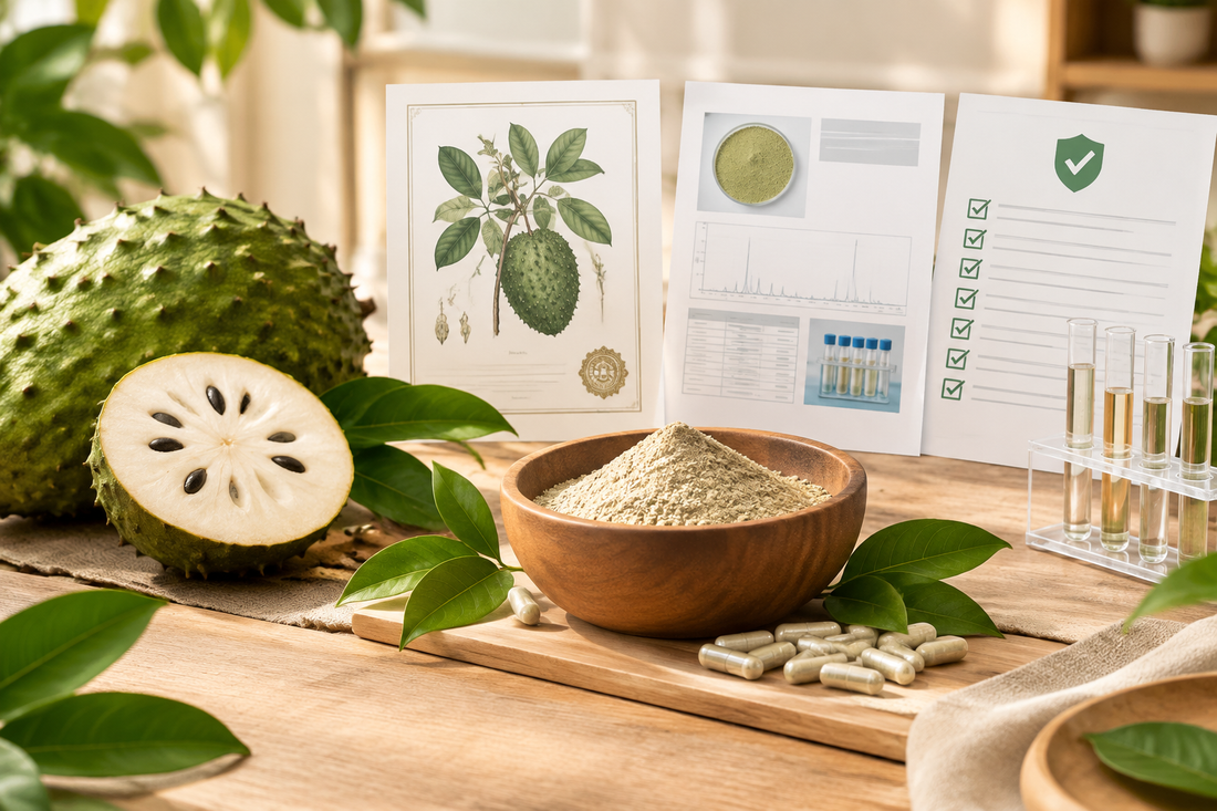 Graviola extract samples with botanical identity certificate, contaminant testing and claims compliance checklist