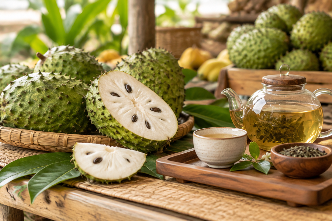 Soursop fruit on a tropical market stall beside a traditional tea preparation