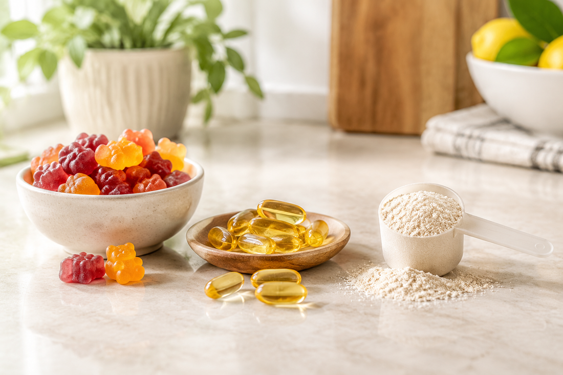 Gummies, softgels and a powder scoop arranged for a format comparison on a kitchen counter