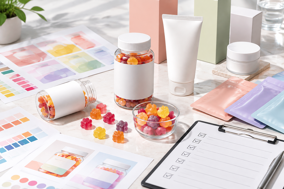 Skin supplement gummy sample with label proof, packaging and claims review notes