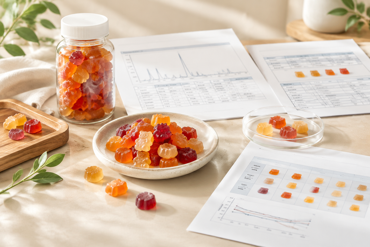 Gummy supplement samples with per-piece assay report, base specification and stability testing data