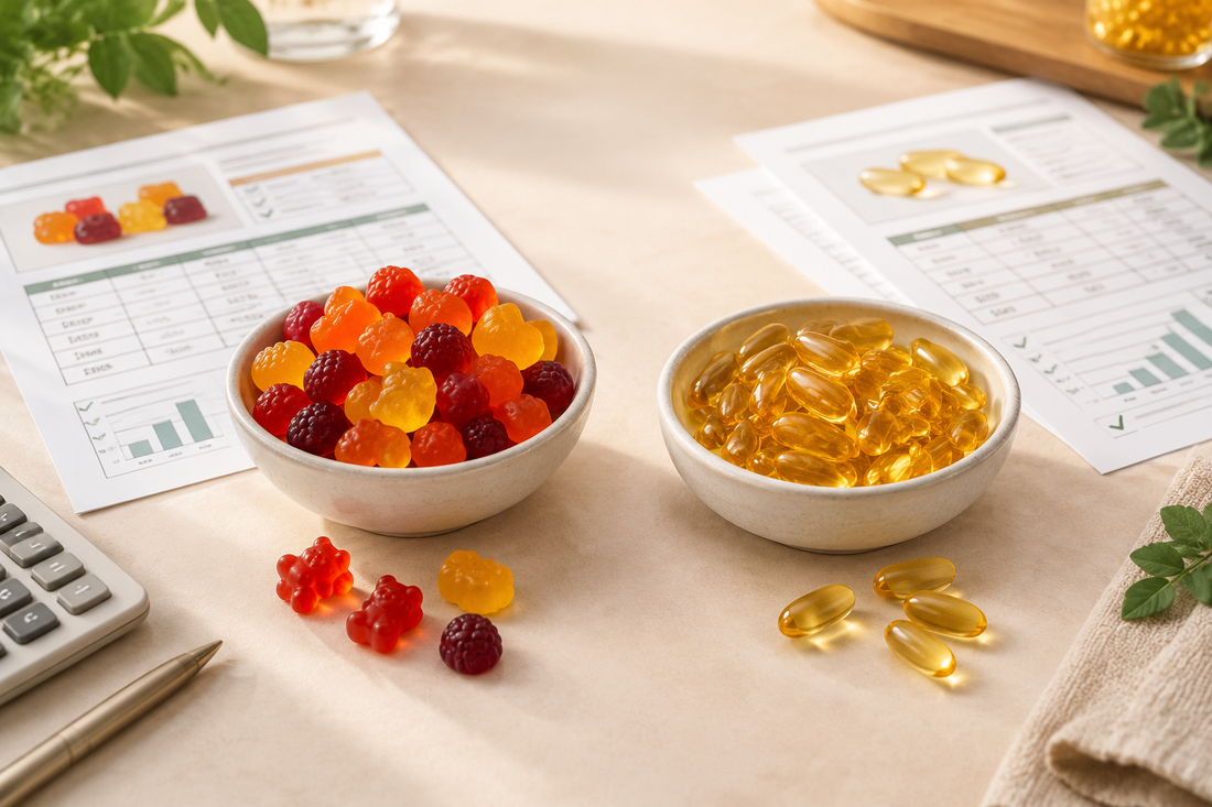 Gummy and softgel samples side by side with manufacturing specification sheets and cost comparison
