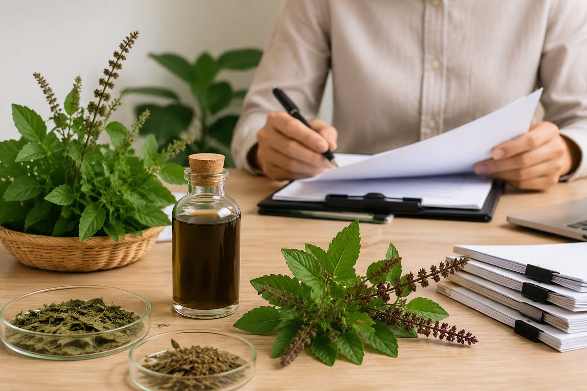 Holy basil extract documents, a liquid sample and a supplier review checklist