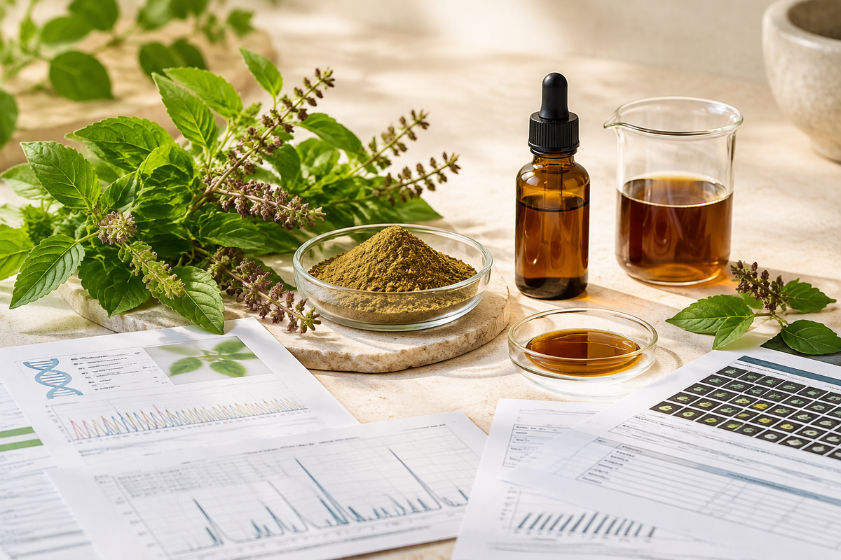 Holy basil extract samples with species verification, marker assay and pesticide screening documents