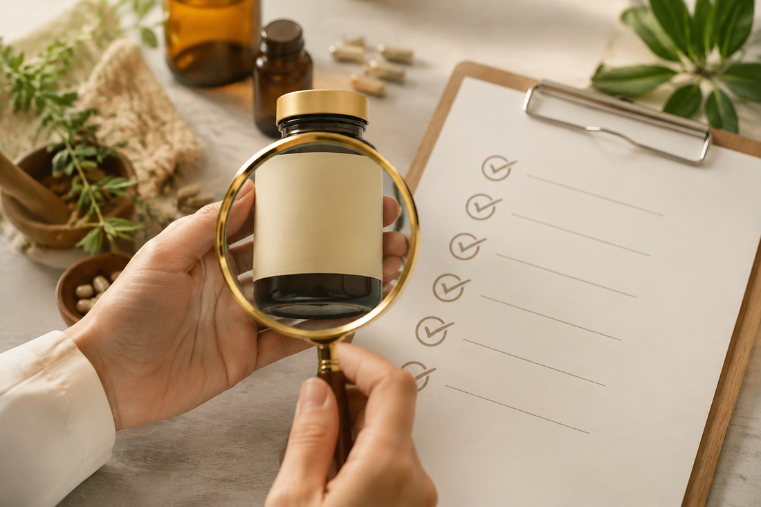 Supplement bottle being checked against a quality checklist with a magnifying glass