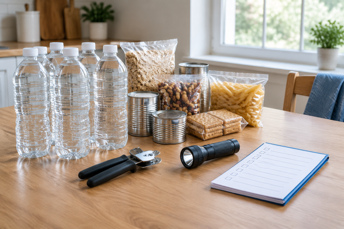 Editorial wellness photograph of sealed water bottles, shelf-stable food and a paper emergency checklist on a kitchen table
