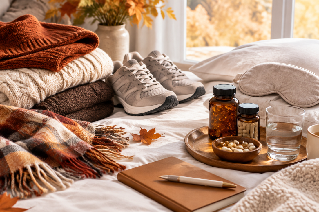 Autumn preparation scene with warm layers, a sleep schedule, walking shoes and seasonal supplements