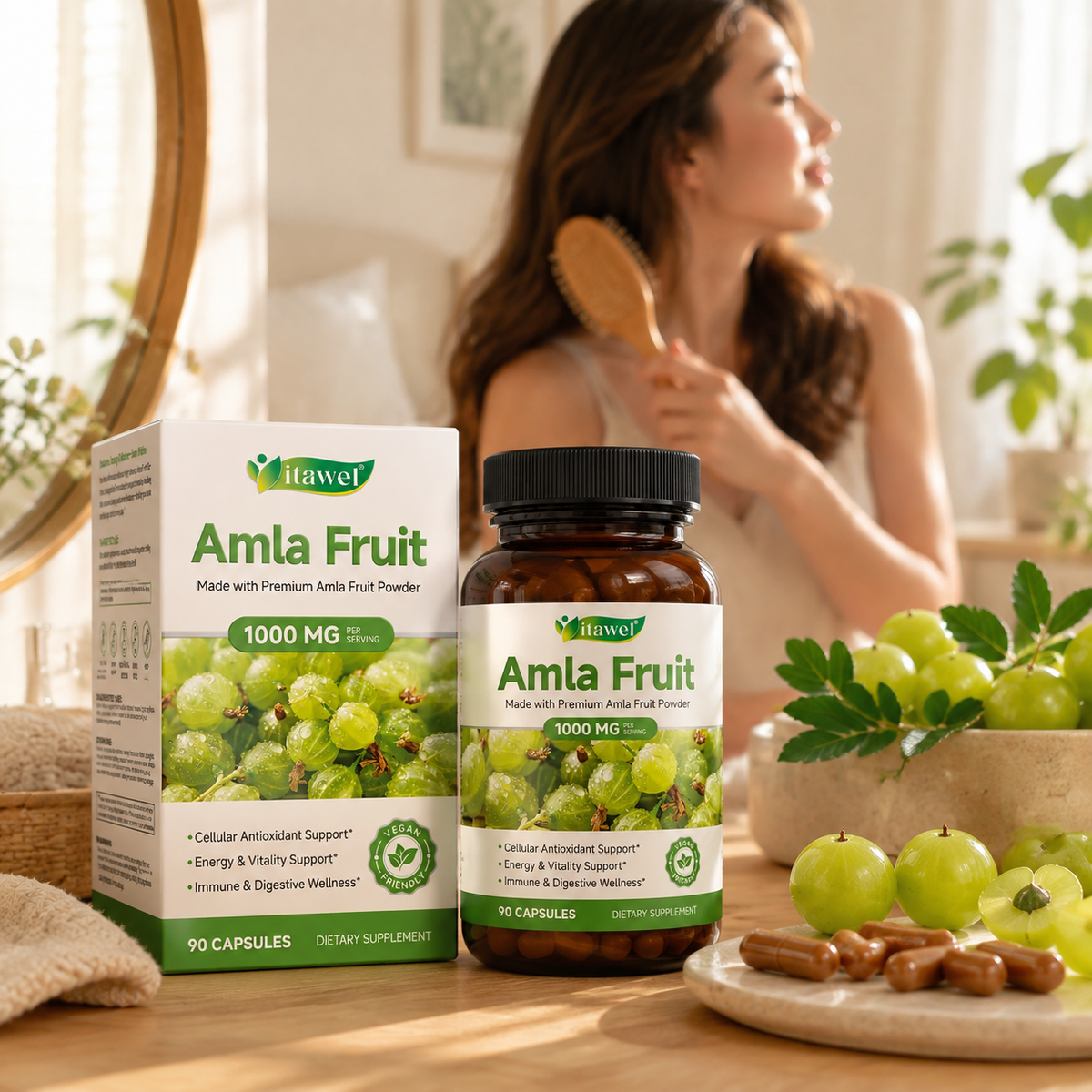 Fresh amla fruits beside capsules and a colorful antioxidant-rich meal