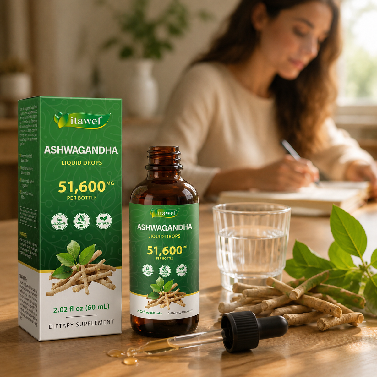 Ashwagandha liquid drops on a bedside table with a book, dim lamp and herbal tea