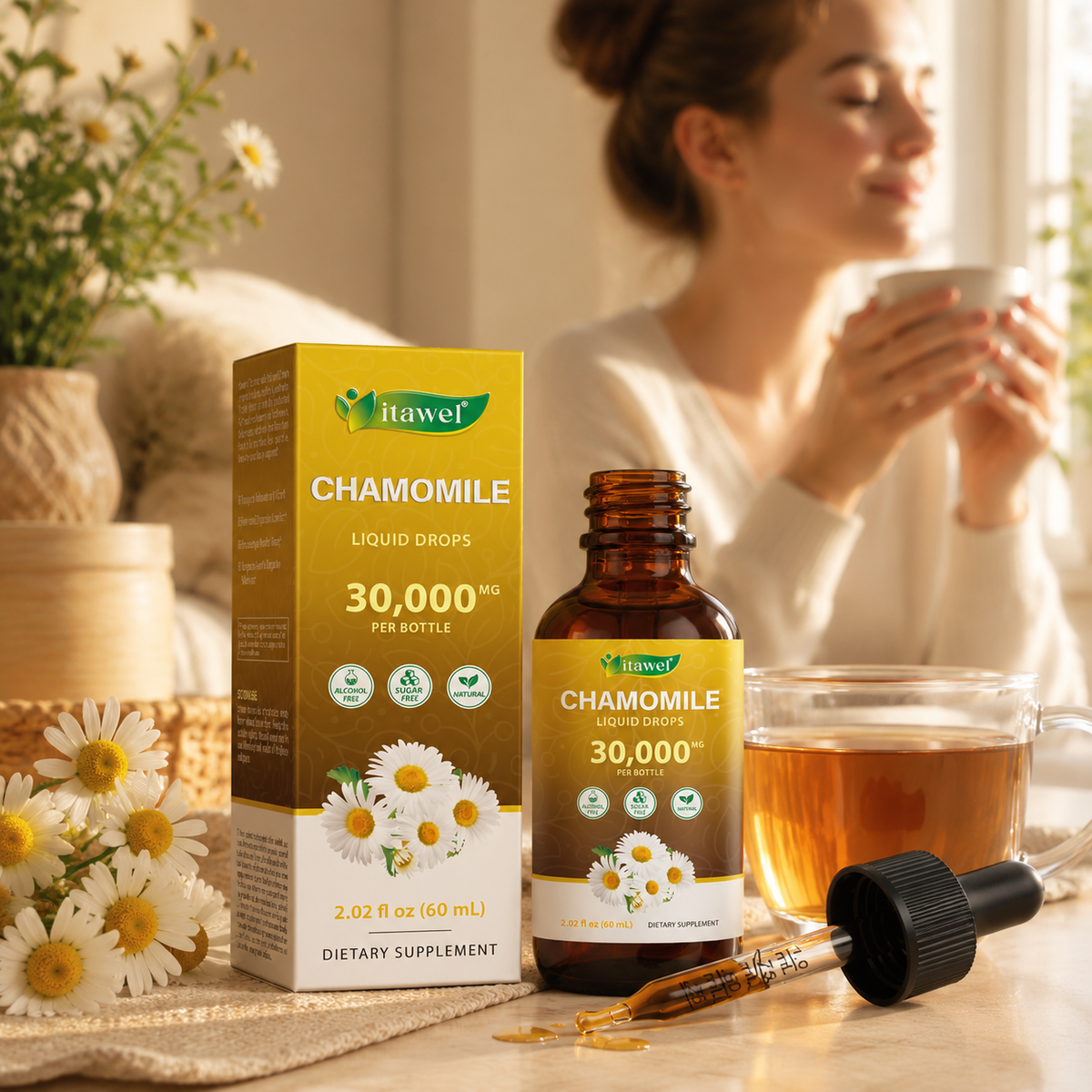 Chamomile flowers and liquid drops beside a warm evening tea and dim reading lamp