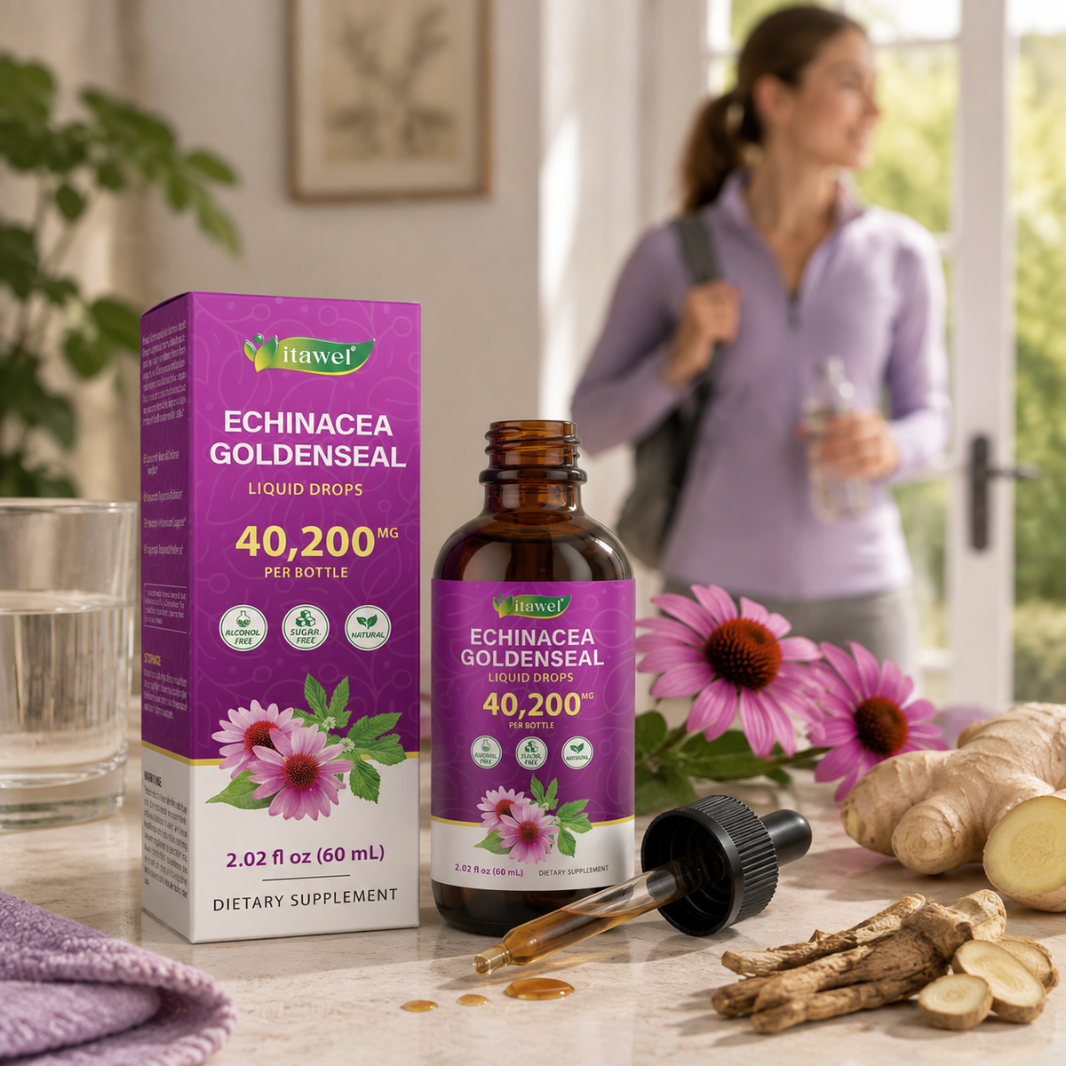 Echinacea flowers and goldenseal root beside liquid drops and an autumn wellness kit