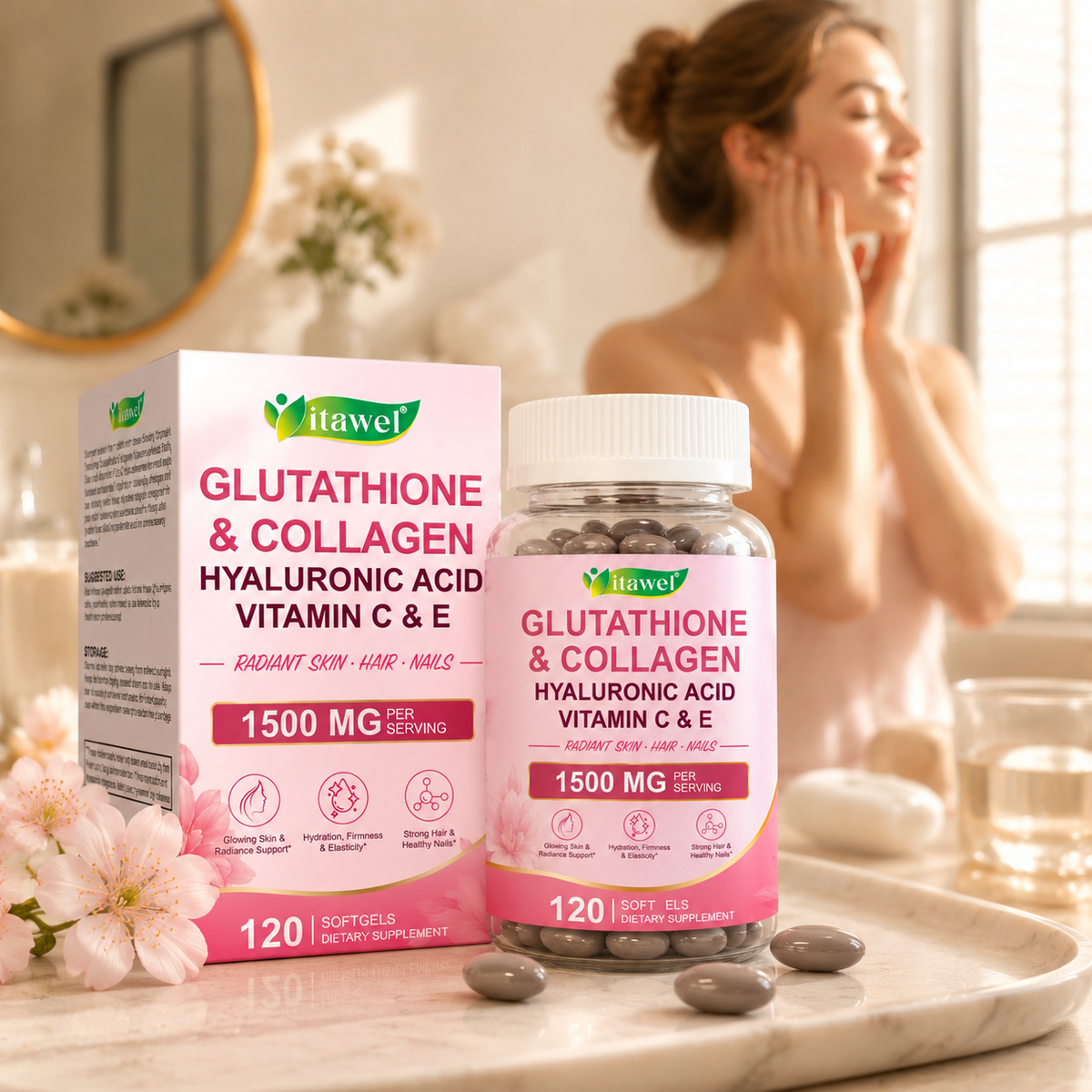 Glutathione collagen softgels beside sunscreen, a water glass and a morning skincare shelf